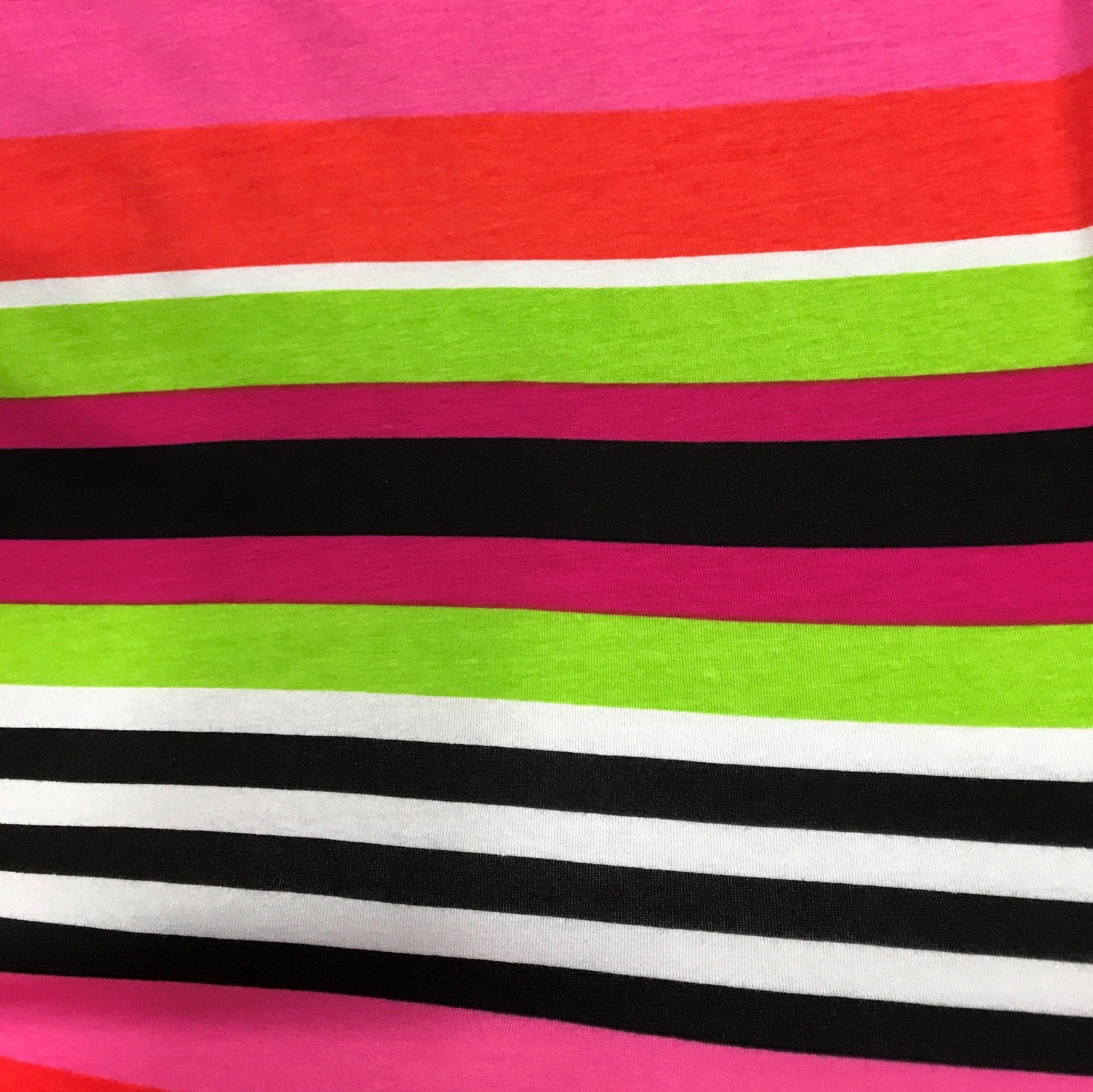 Pink, Green, White and Black Stripes on Cotton/Spandex Jersey Fabric - Nature's Fabrics
