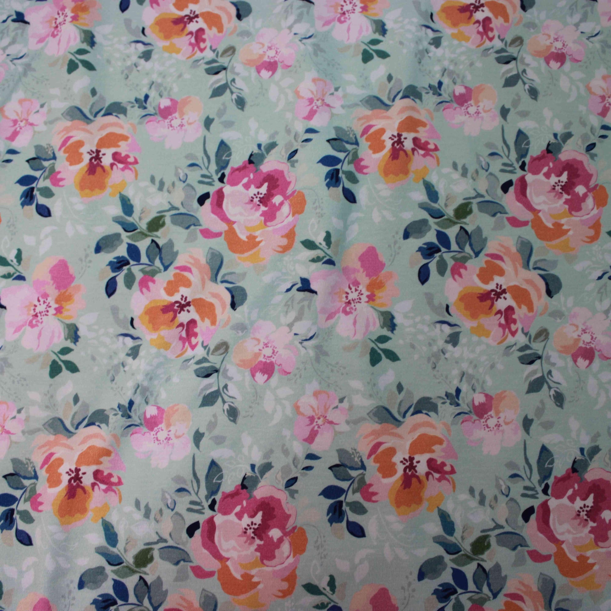 Pink Roses on Mint Bamboo Stretch French Terry Fabric - Nature's Fabrics