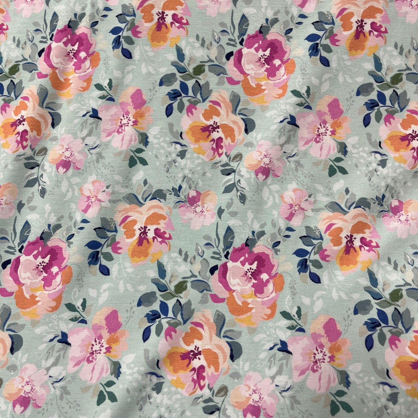 Pink Roses on Mint Bamboo Stretch French Terry Fabric - Nature's Fabrics
