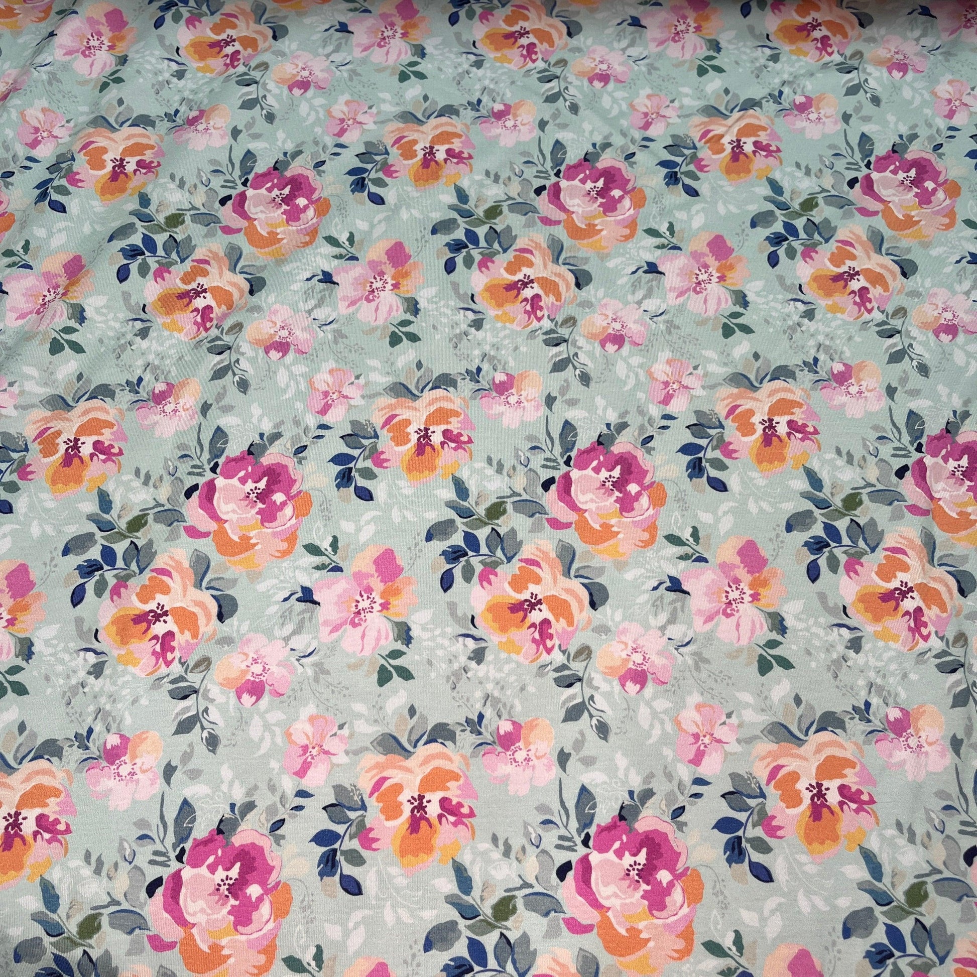Pink Roses on Mint Bamboo/Spandex Jersey Fabric - Nature's Fabrics