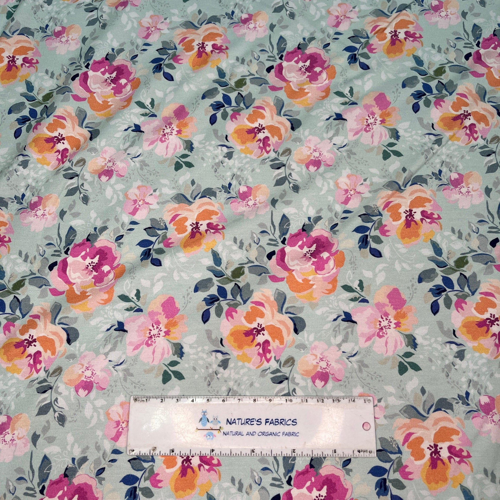 Pink Roses on Mint Bamboo/Spandex Jersey Fabric - Nature's Fabrics