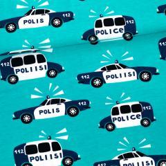 Police on Turquoise Organic Cotton/Spandex Jersey Fabric - Nature's Fabrics