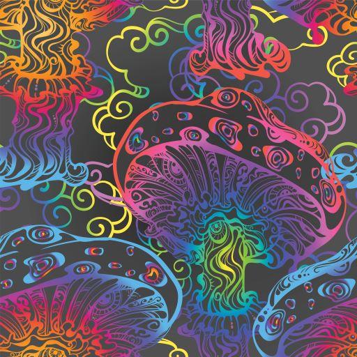 Psychedelic Mushrooms on Bamboo/Spandex Jersey Fabric - Nature's Fabrics