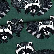 Raccoon on Dark Green Organic Cotton/Spandex Jersey Fabric - Nature's Fabrics