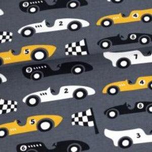 Racecars on Dark Gray Organic Cotton/Spandex Jersey Fabric - Nature's Fabrics