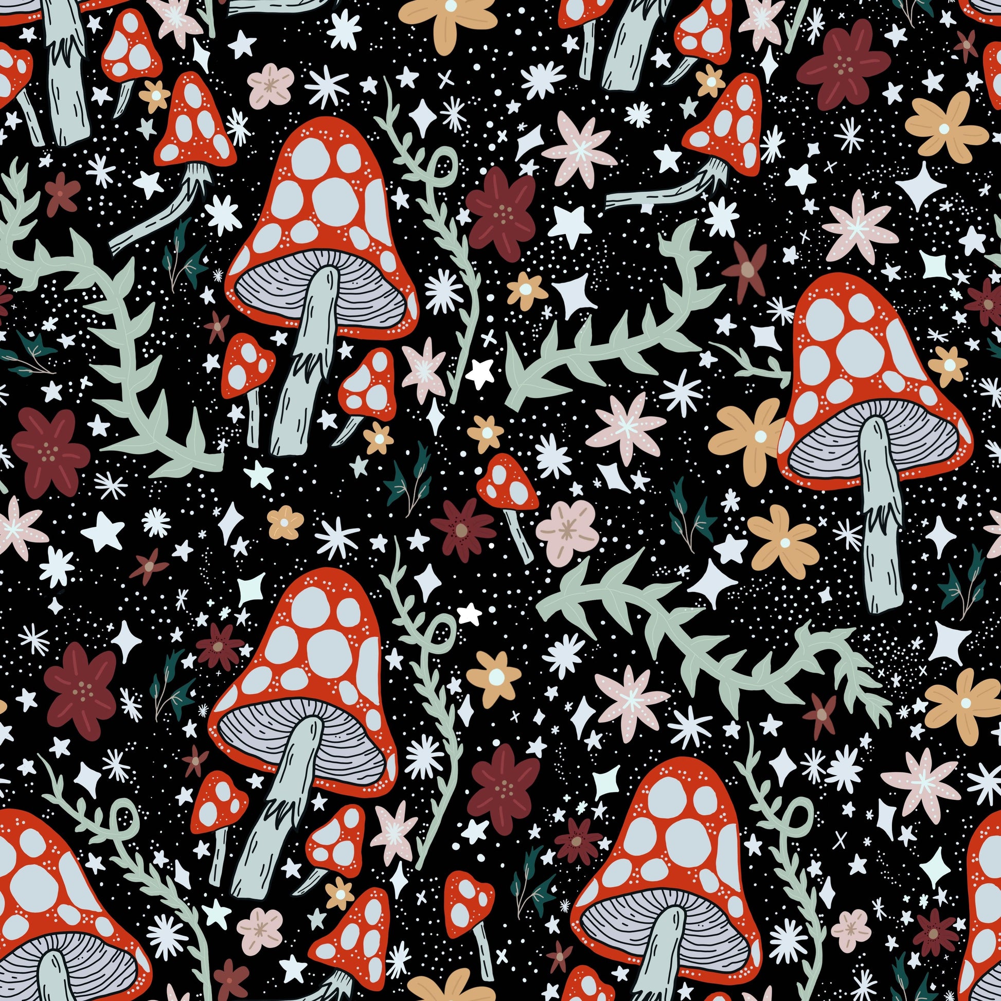 Rad Mushrooms on Bamboo/Spandex Jersey Fabric - Nature's Fabrics