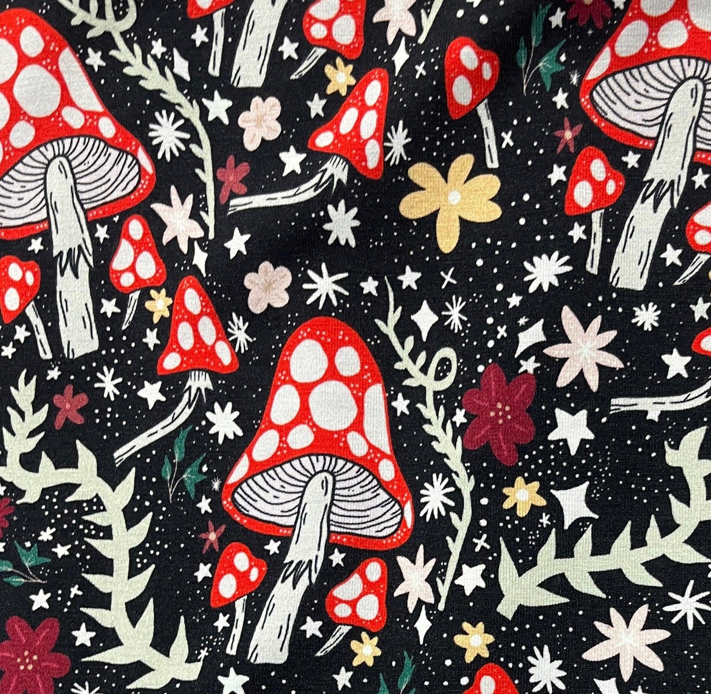 Rad Mushrooms on Bamboo/Spandex Jersey Fabric - Nature's Fabrics