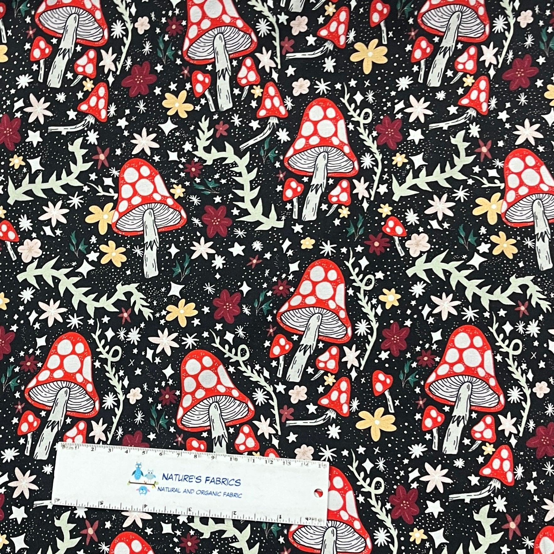 Rad Mushrooms on Bamboo/Spandex Jersey Fabric - Nature's Fabrics