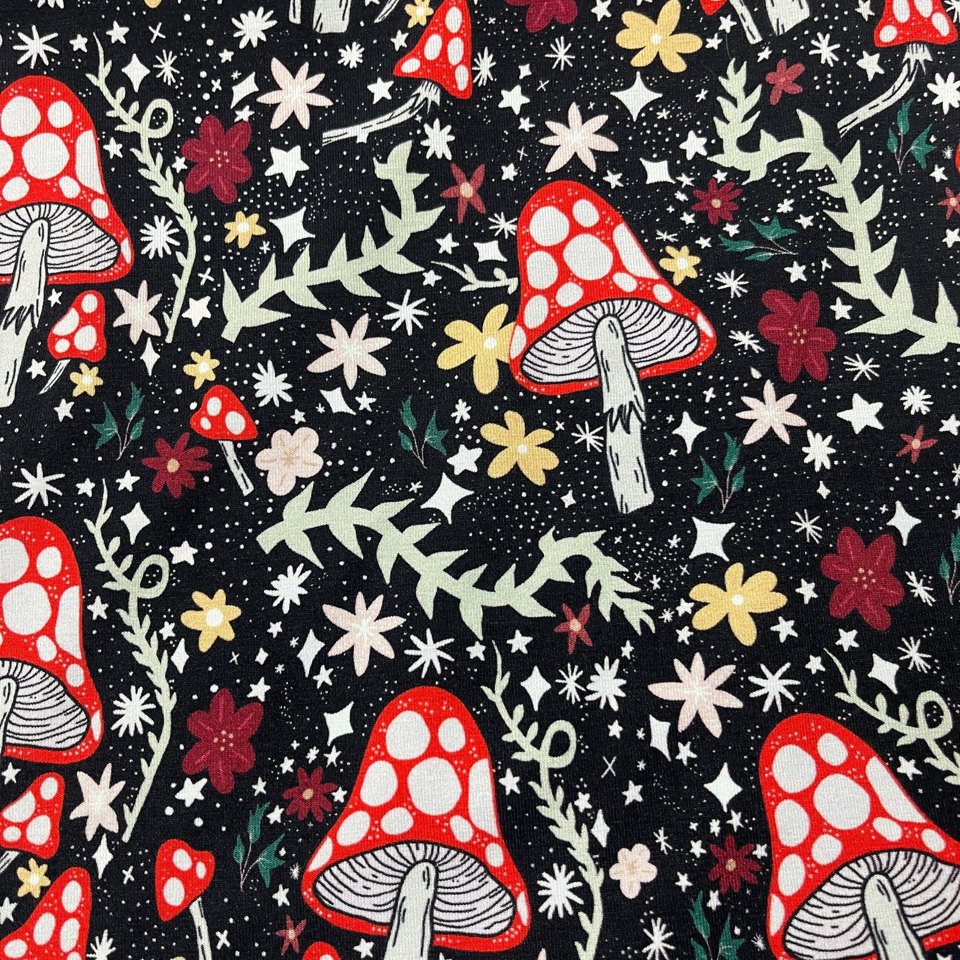 Rad Mushrooms on Bamboo/Spandex Jersey Fabric - Nature's Fabrics