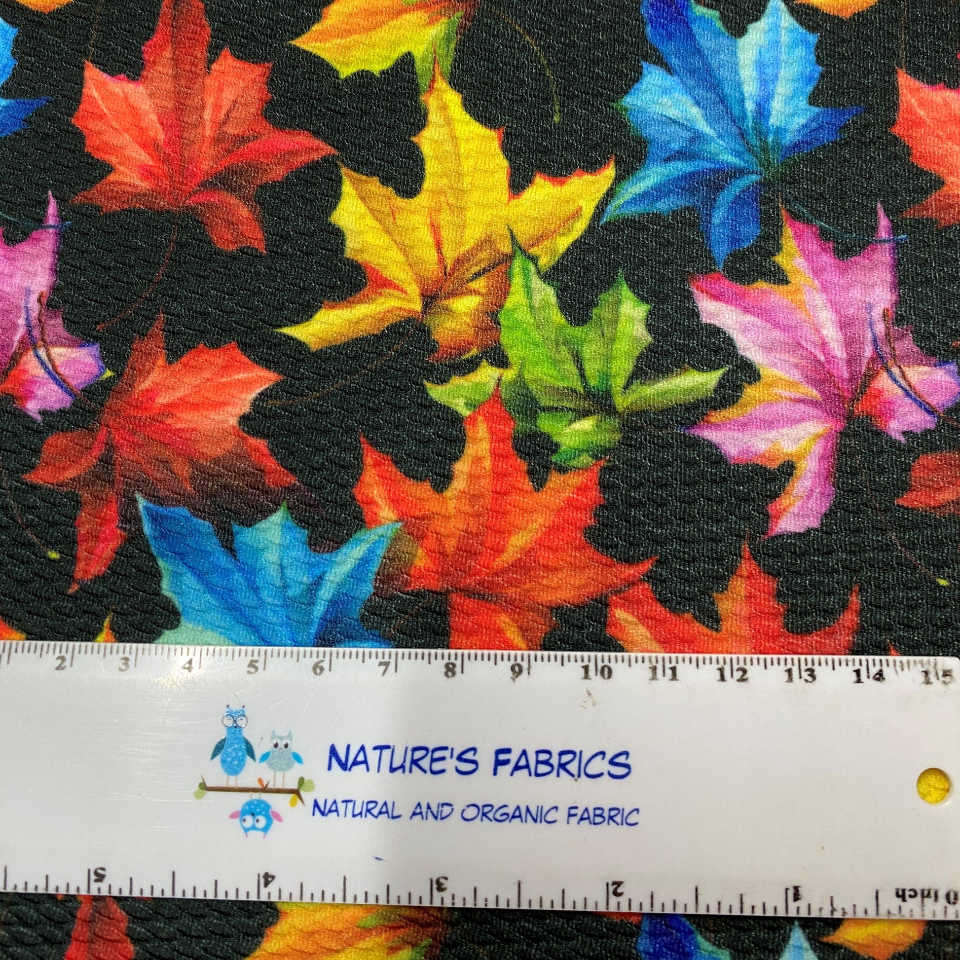 Rainbow Leaves on Black Bullet Knit - Nature's Fabrics