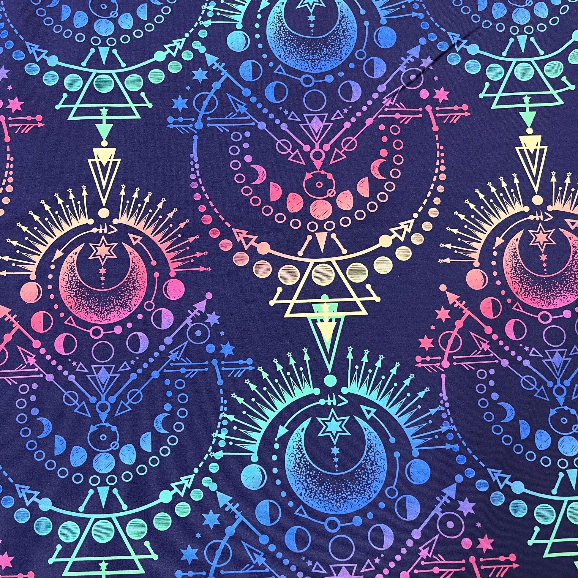 Rainbow Moon Phases on Bamboo/Spandex Jersey Fabric - Nature's Fabrics
