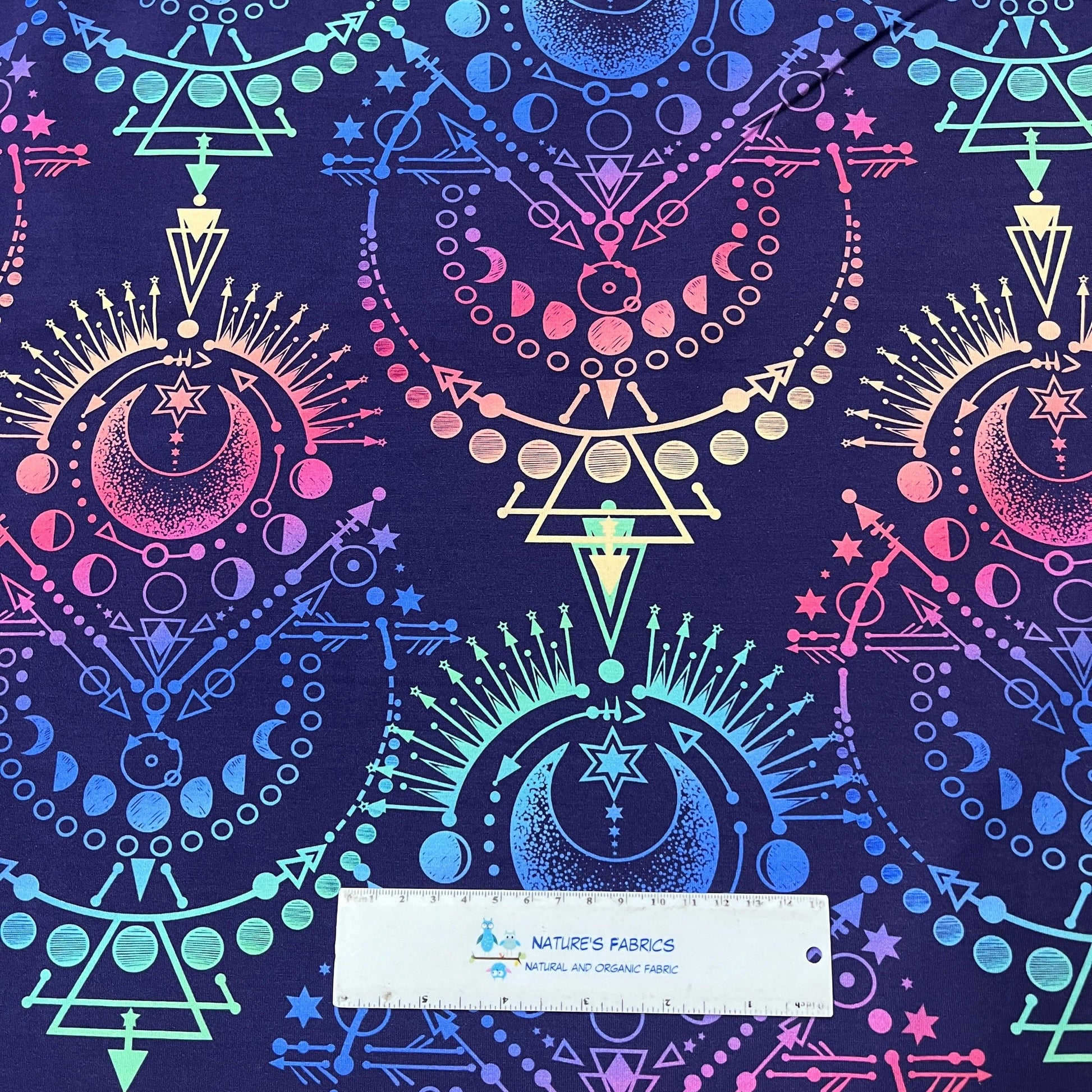Rainbow Moon Phases on Bamboo/Spandex Jersey Fabric - Nature's Fabrics