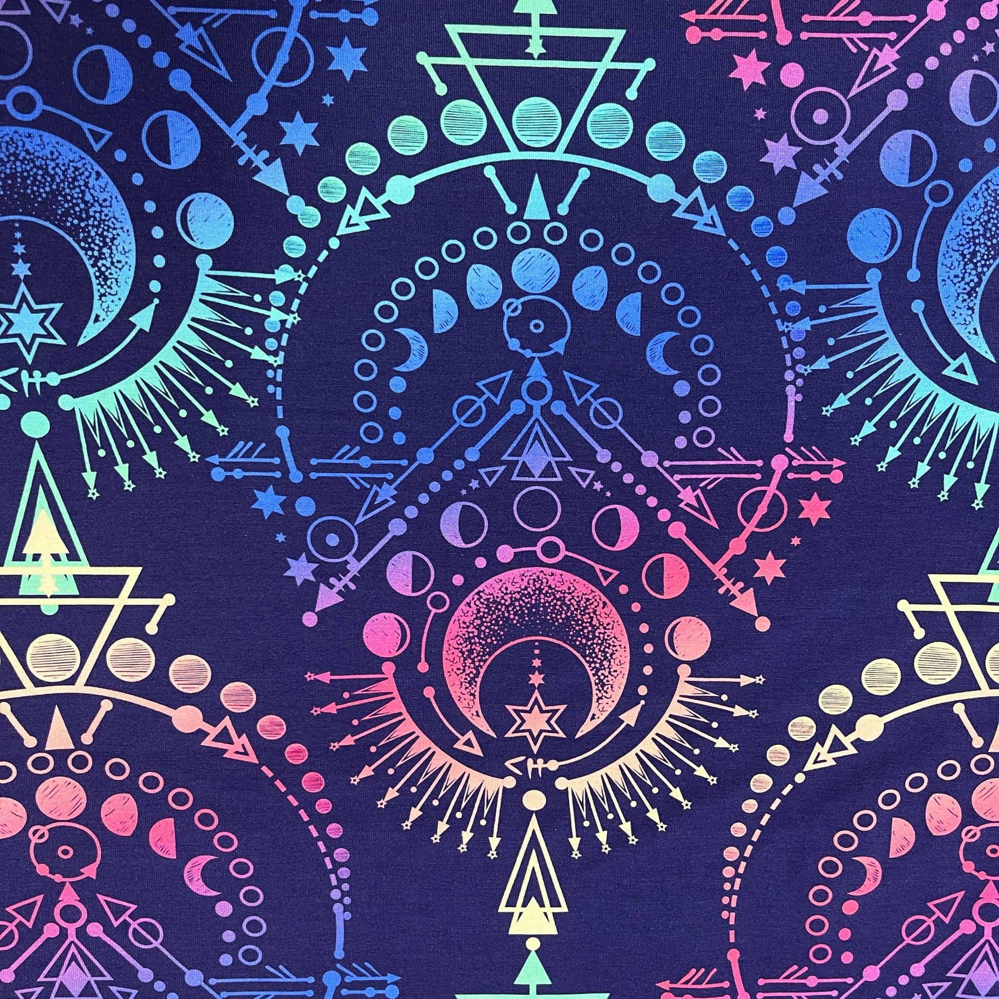 Rainbow Moon Phases on Bamboo/Spandex Jersey Fabric - Nature's Fabrics