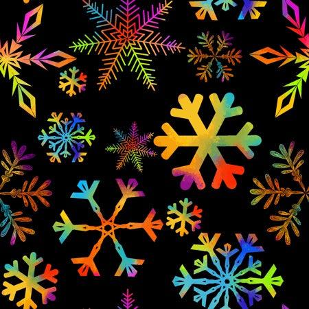 Rainbow Snowflakes on Black 1 mil PUL Fabric - Made in the USA - Nature's Fabrics