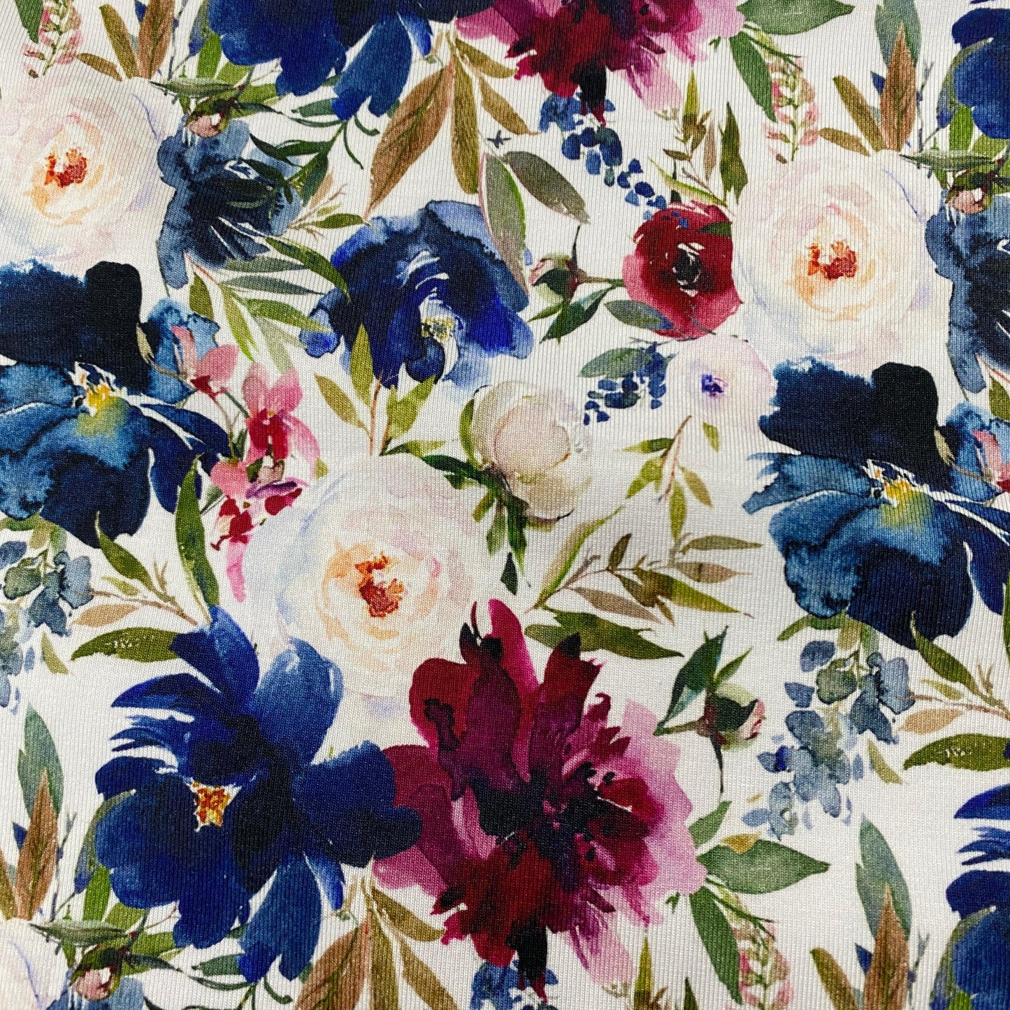 Red and Blue Flowers on Bamboo/Spandex Jersey Fabric - Nature's Fabrics