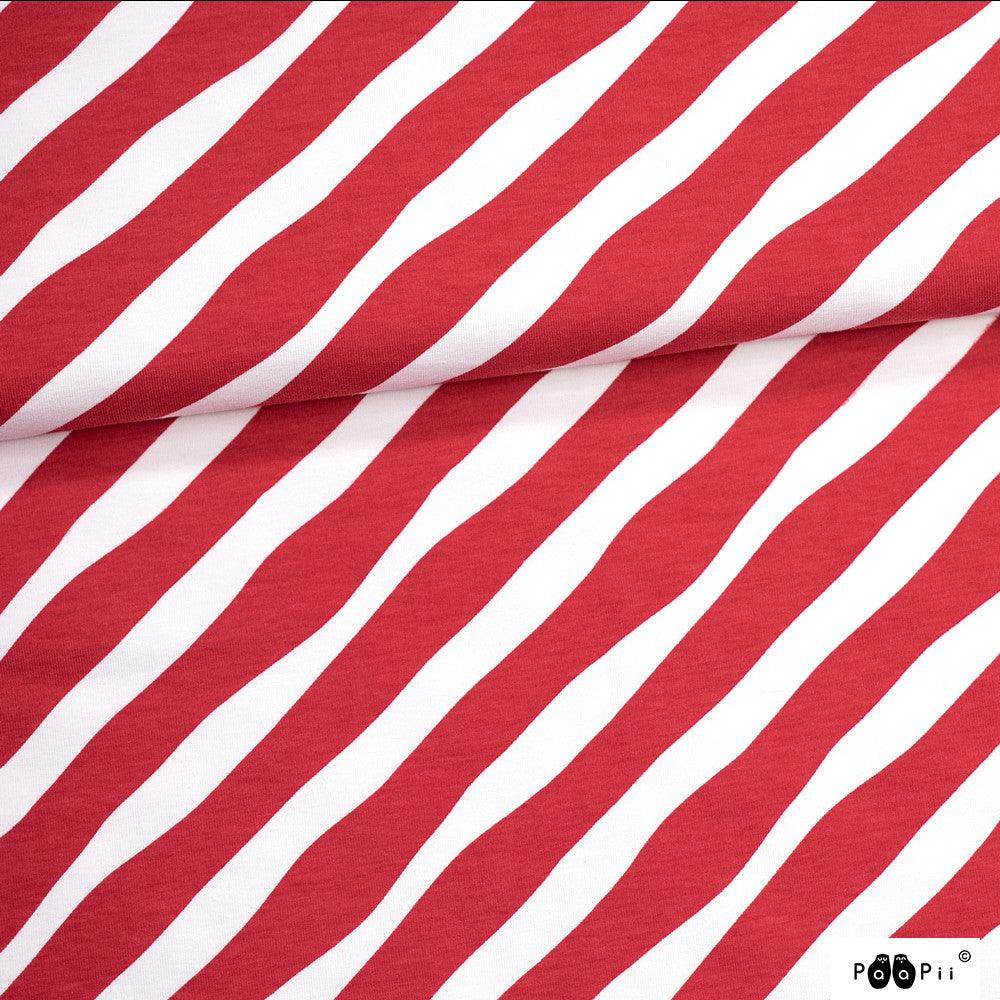 Red and White Diagonal Stripes Organic Cotton/Spandex Jersey Fabric - Nature's Fabrics