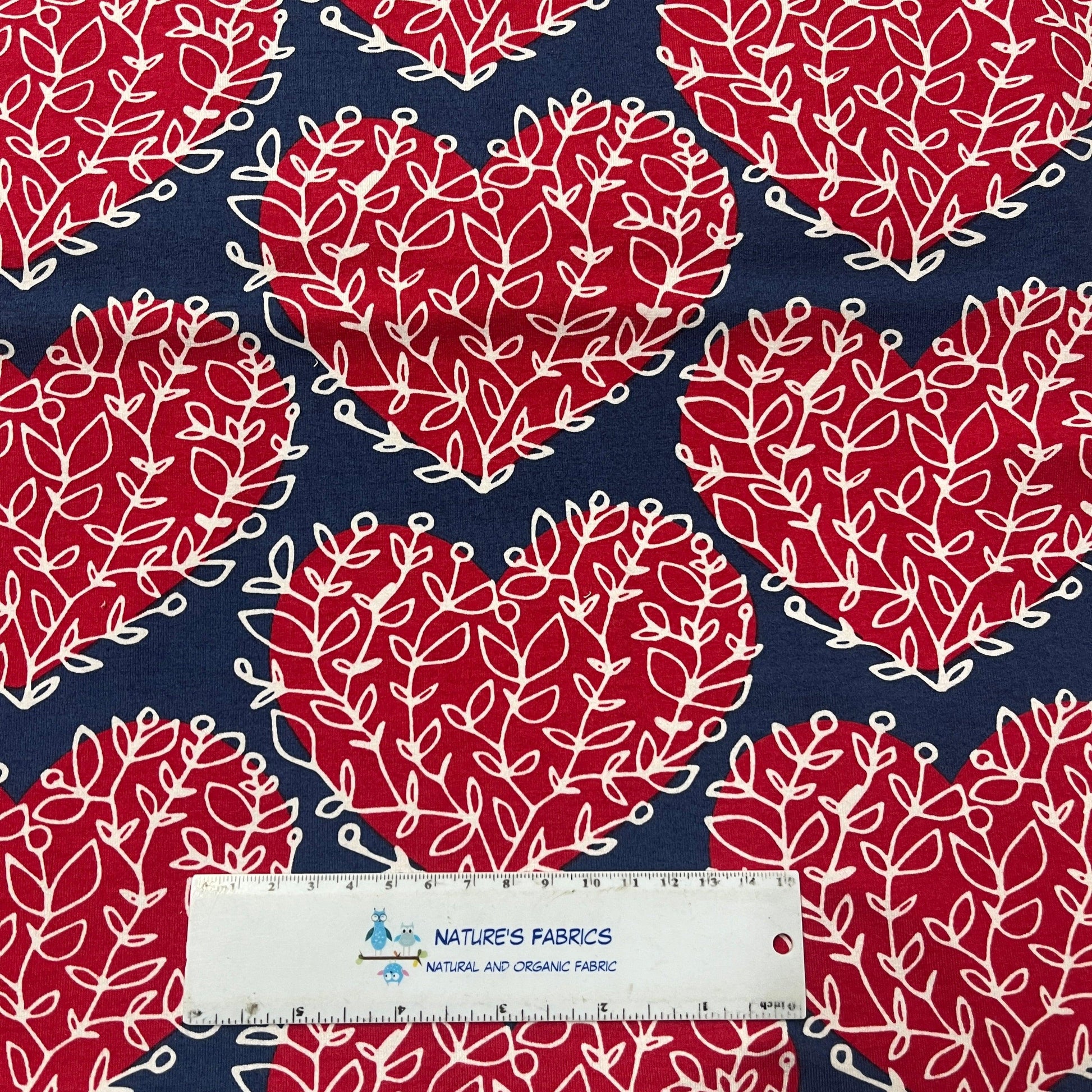 Red Lempi on Blueberry Organic Cotton/Spandex Jersey Fabric - Nature's Fabrics