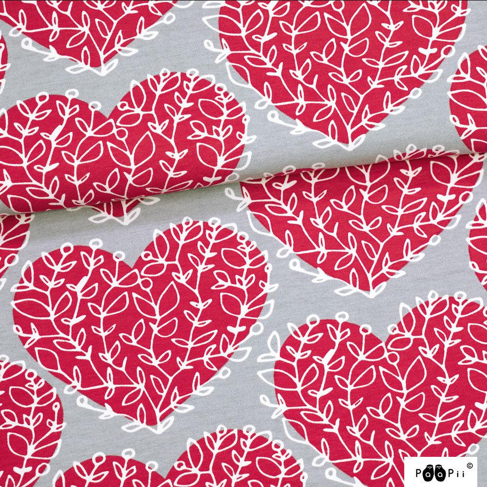 Red Lempi on Gray Organic Cotton/Spandex Jersey Fabric - Nature's Fabrics