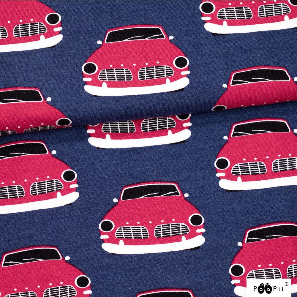 Red Vintage Cars on Blueberry Organic Cotton/Spandex French Terry Fabric - Nature's Fabrics