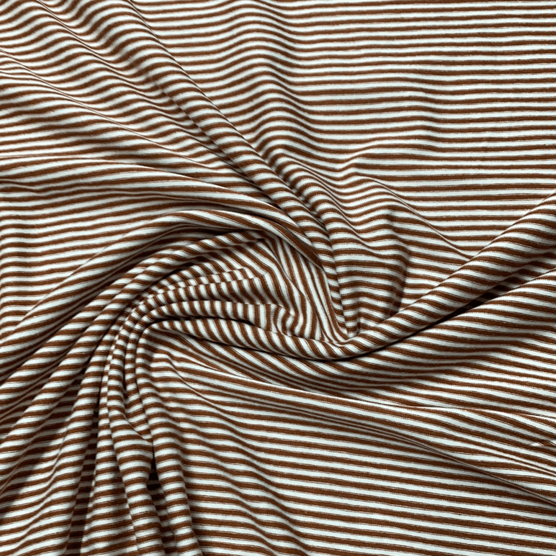 Rust and White 2mm Stripes on Bamboo/Spandex Jersey Fabric - Nature's Fabrics