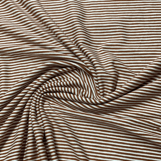 Rust and White 2mm Stripes on Bamboo/Spandex Jersey Fabric - Nature's Fabrics