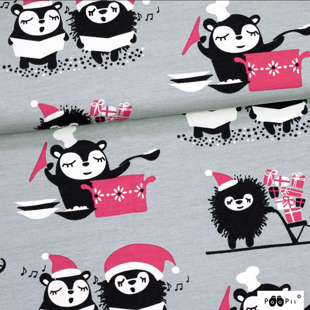 Siiri's and Myyry's Christmas on Gray Organic Cotton/Spandex Jersey Fabric - Nature's Fabrics