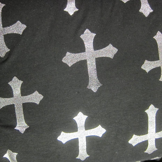 Silver Crosses on Black Cotton/Spandex Jersey Fabric - Nature's Fabrics
