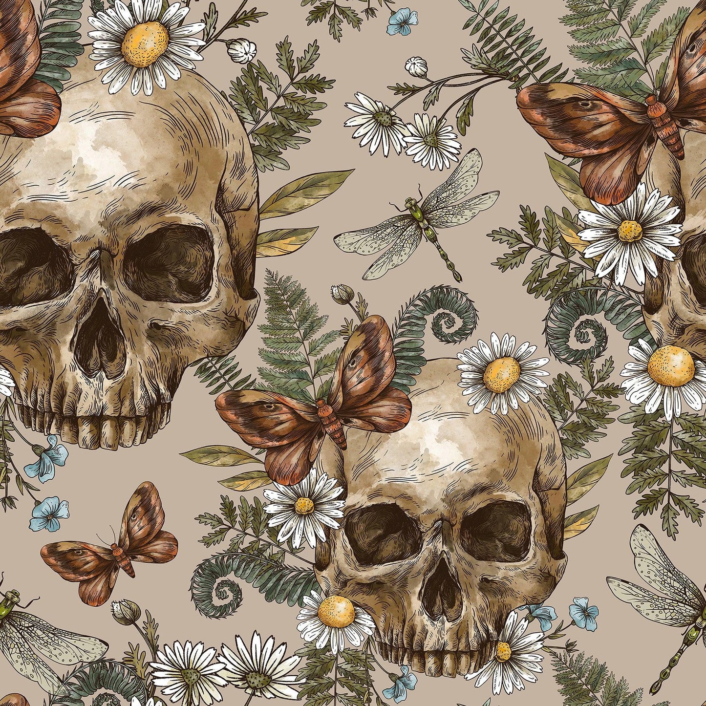 Skulls and Daisies on Bamboo Stretch French Terry Fabric - Nature's Fabrics