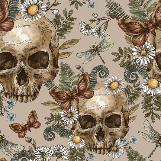 Skulls and Daisies on Bamboo Stretch French Terry Fabric - Nature's Fabrics