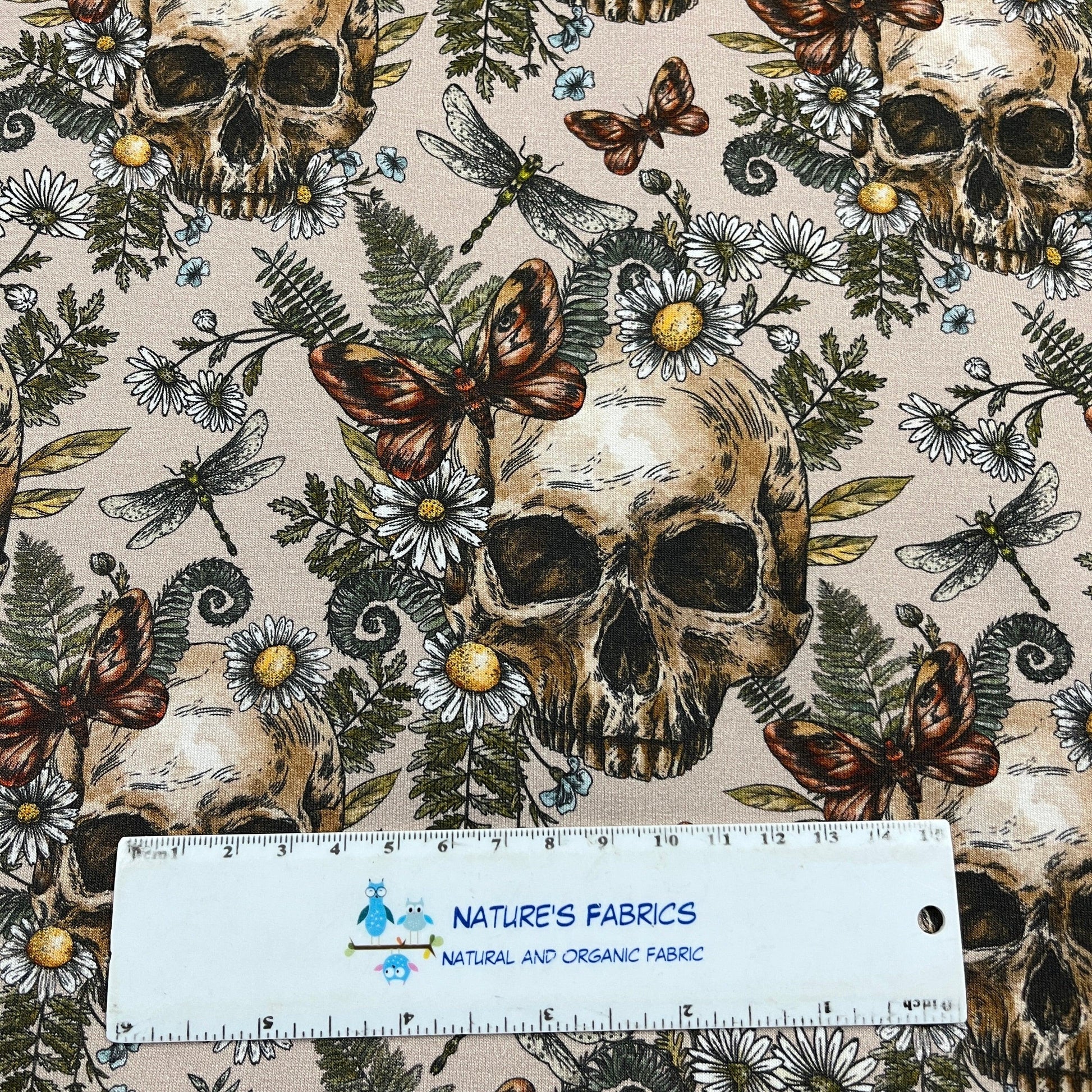 Skulls and Daisies on Bamboo Stretch French Terry Fabric - Nature's Fabrics