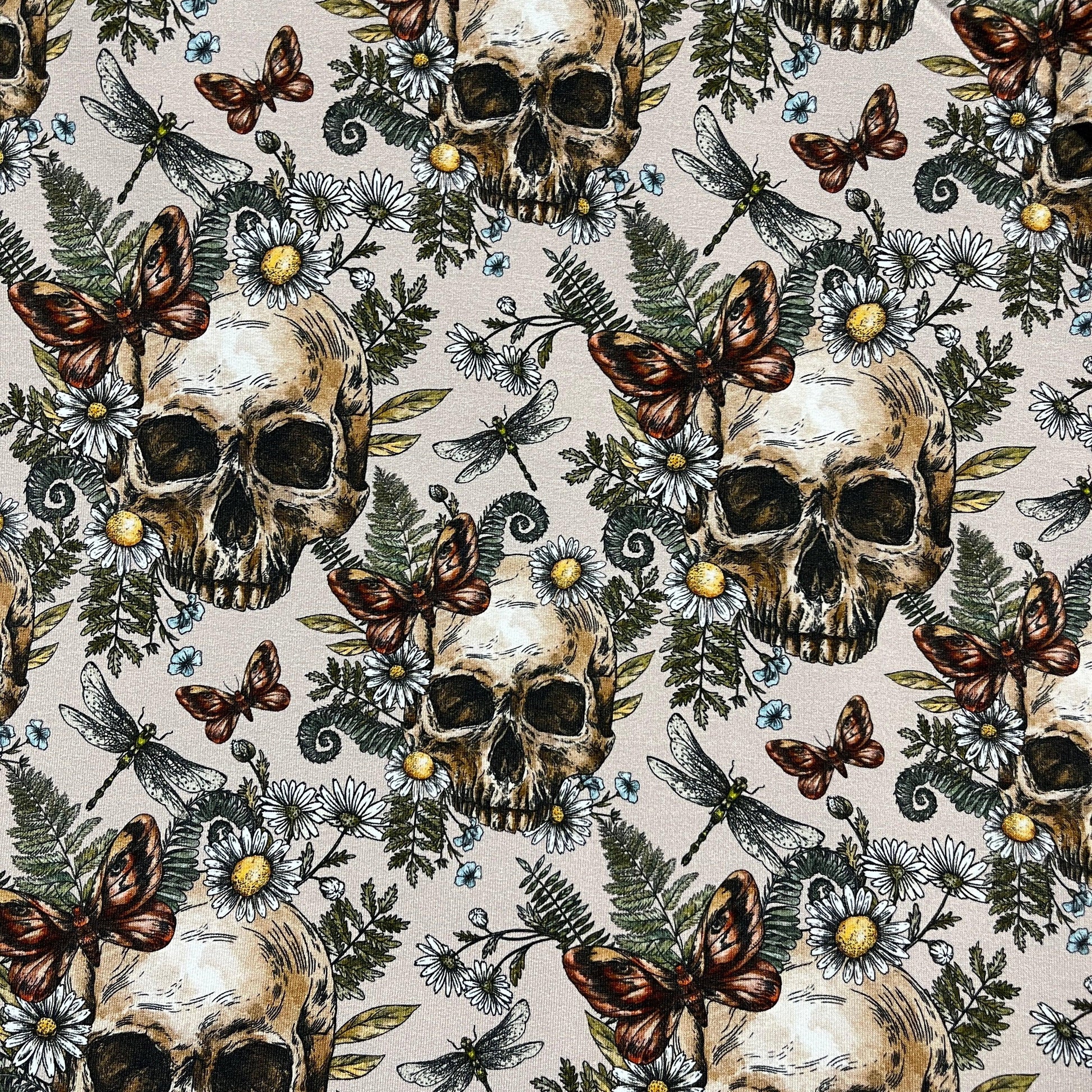 Skulls and Daisies on Bamboo/Spandex Jersey Fabric - Nature's Fabrics
