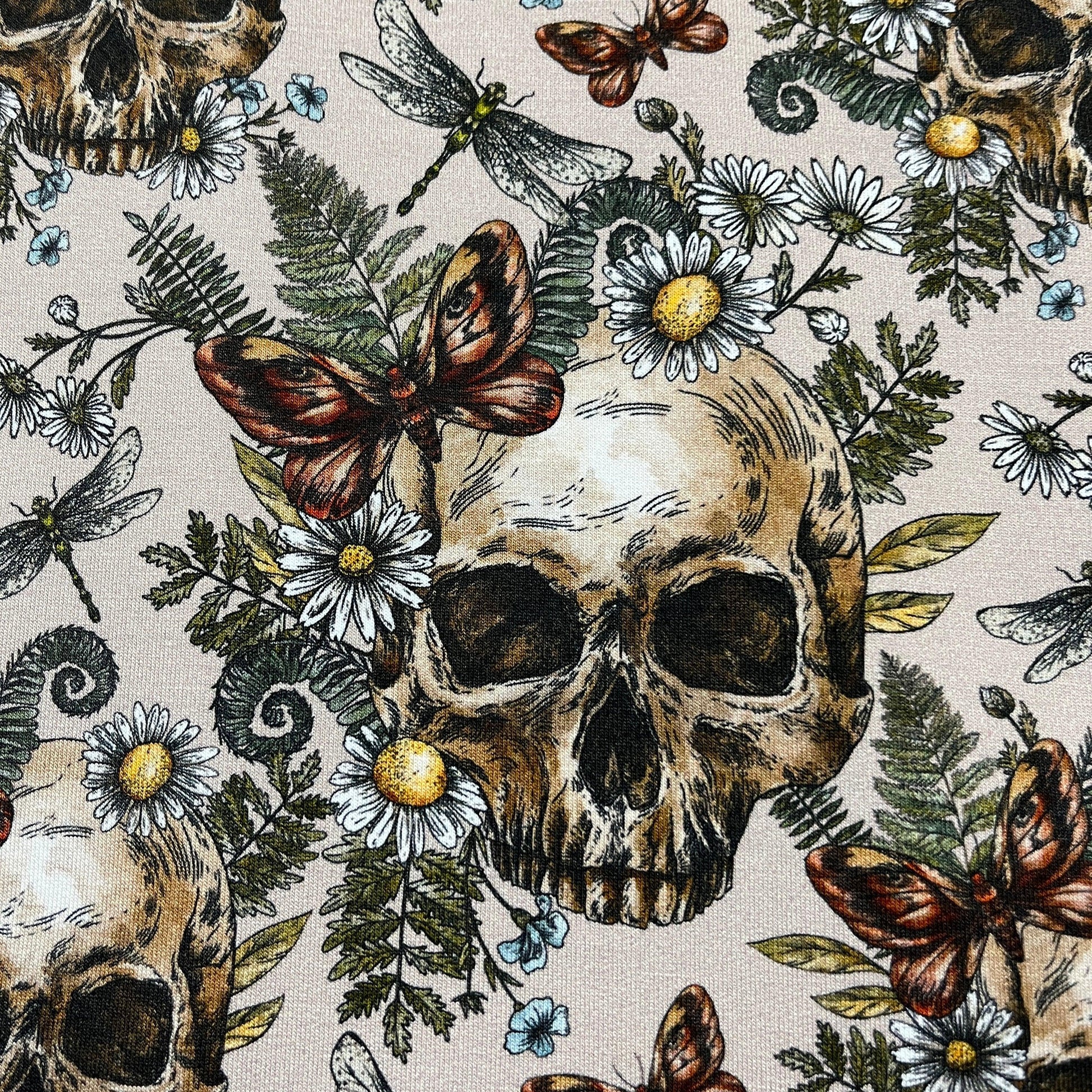 Skulls and Daisies on Bamboo/Spandex Jersey Fabric - Nature's Fabrics