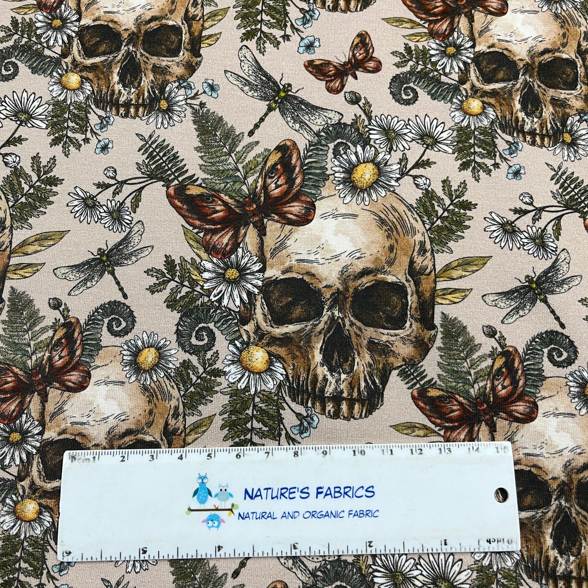 Skulls and Daisies on Bamboo/Spandex Jersey Fabric - Nature's Fabrics