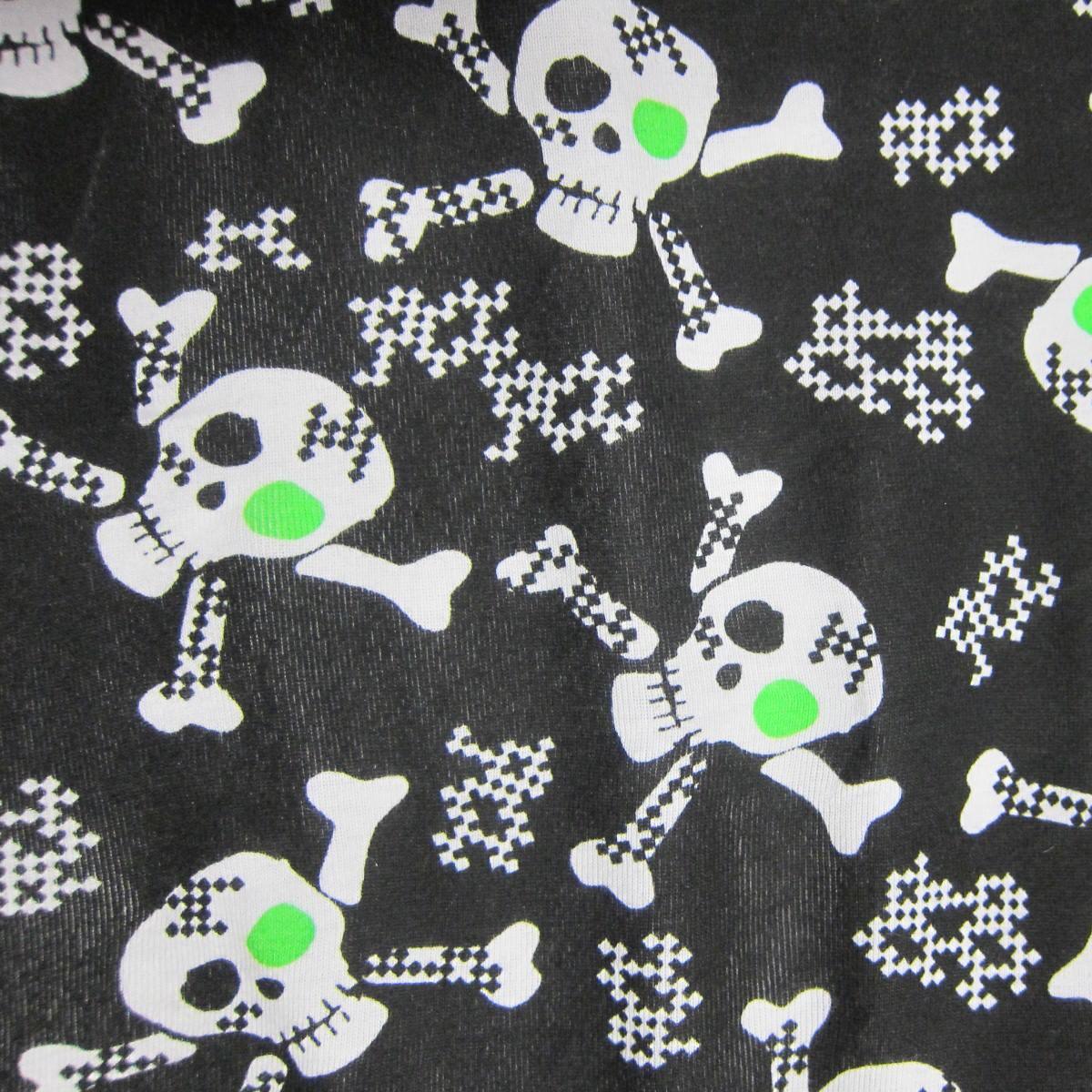 Skulls with Green Accents on Black Cotton Rib Knit