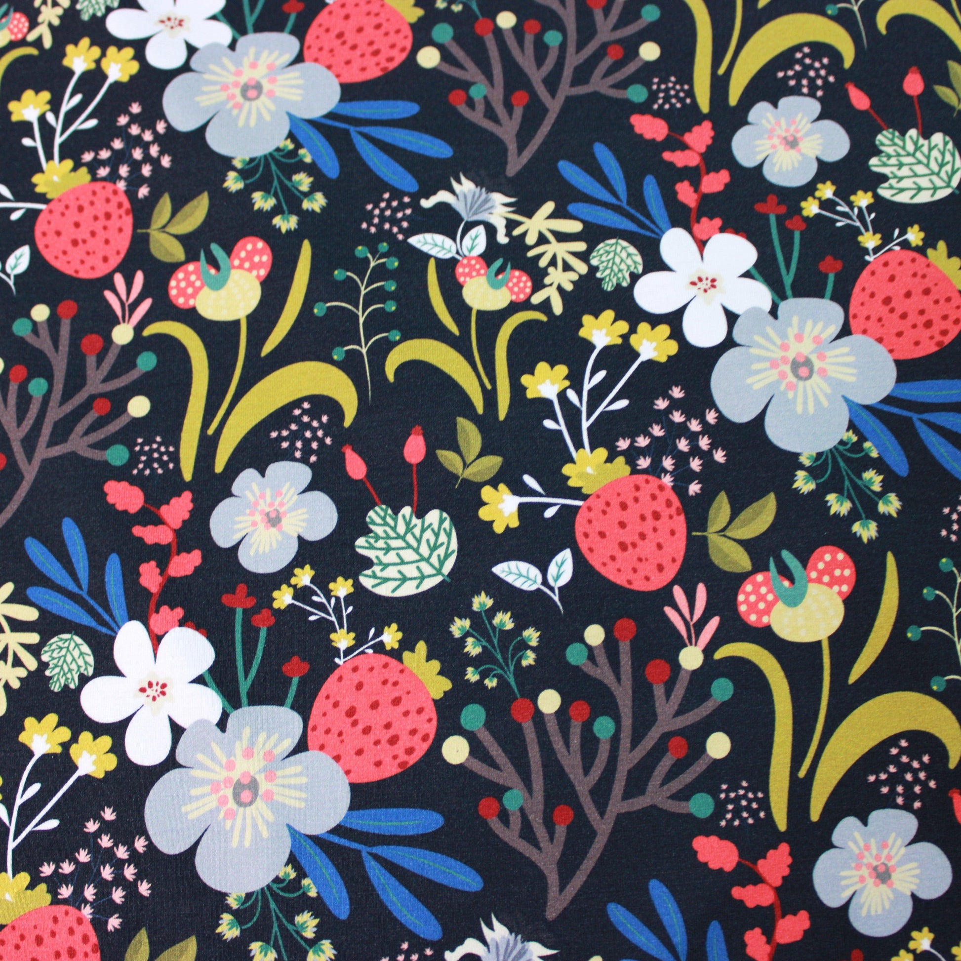Strawberries on Black Bamboo/Spandex Jersey Fabric - Nature's Fabrics