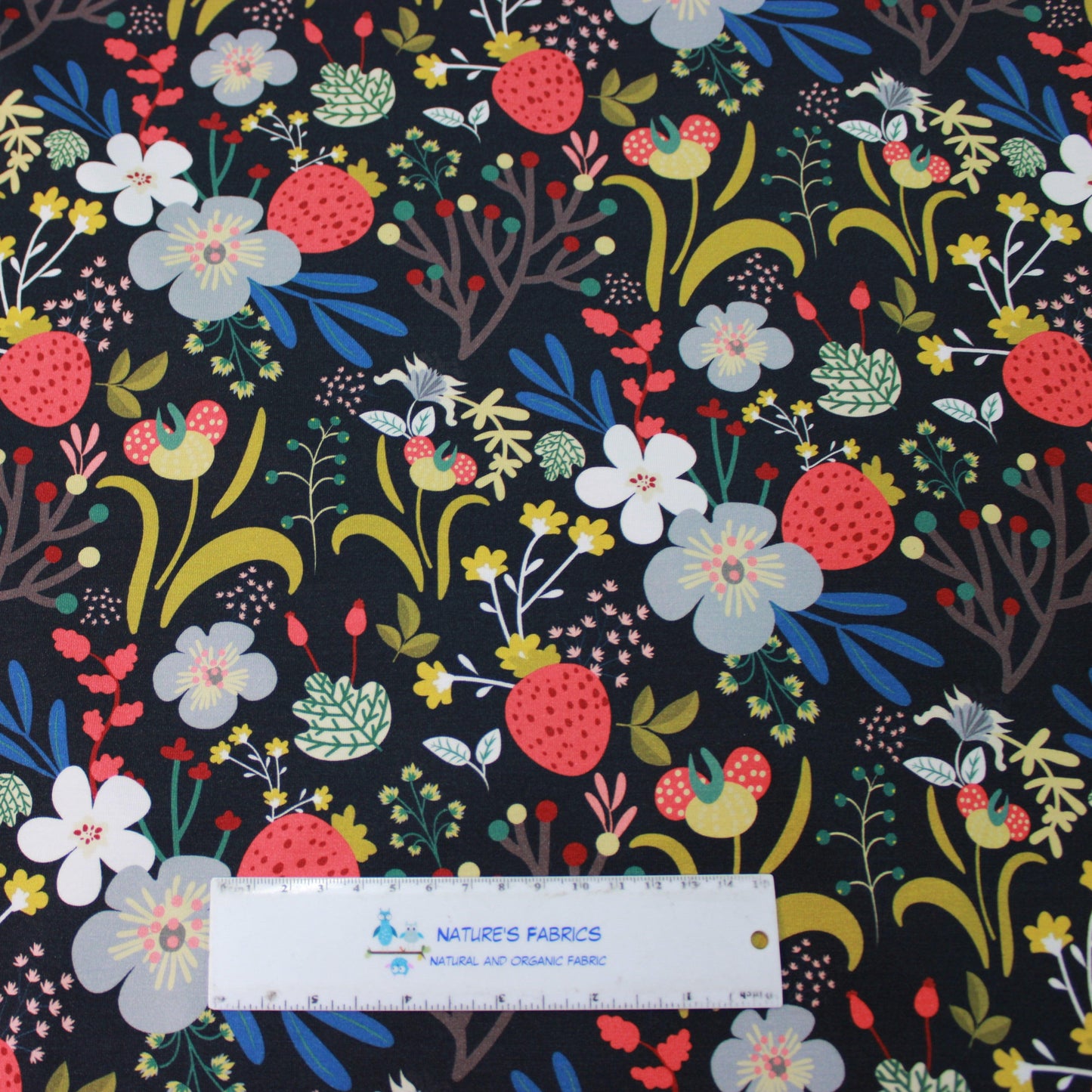 Strawberries on Black Bamboo/Spandex Jersey Fabric - Nature's Fabrics
