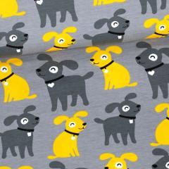 Sun and Dark Gray Sesse Dogs on Gray Organic Cotton/Spandex Jersey Fabric - Nature's Fabrics