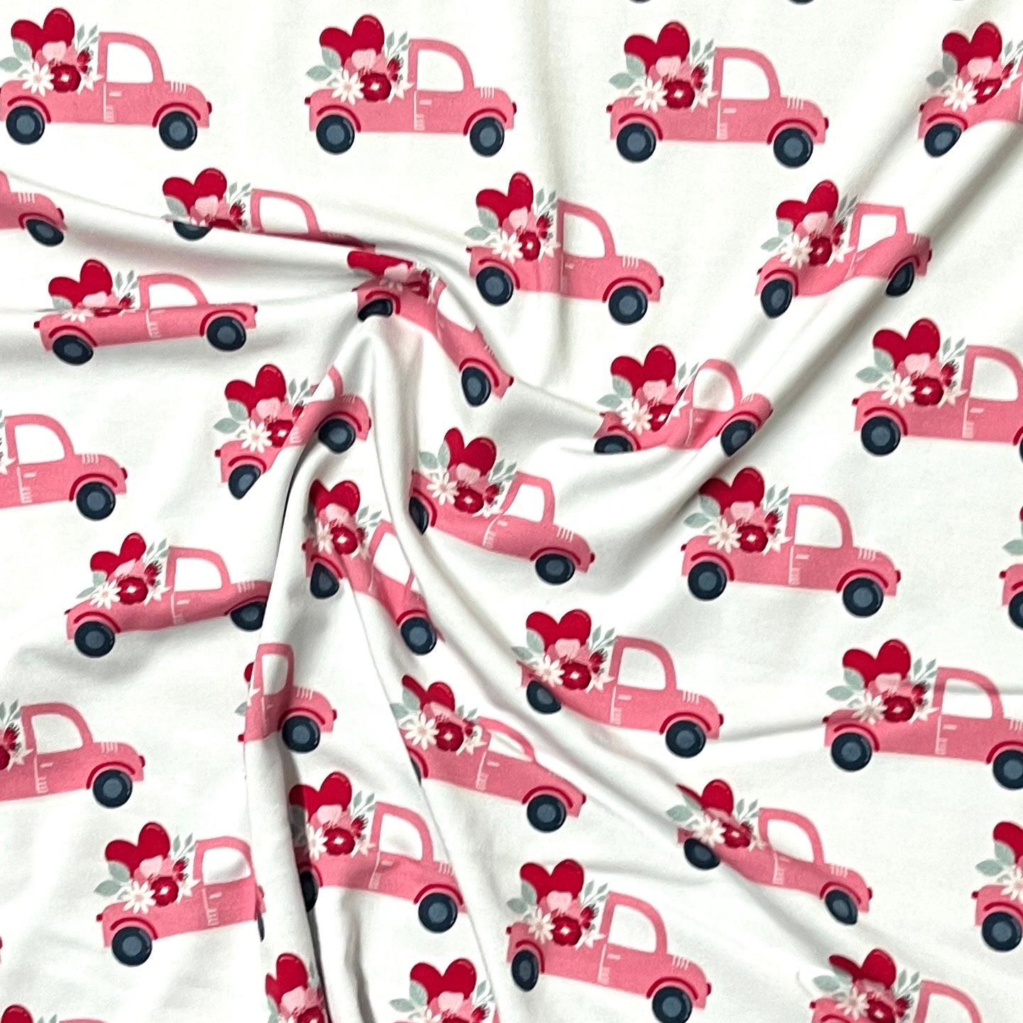 Valentine Trucks on Bamboo/Spandex Jersey Fabric - Nature's Fabrics