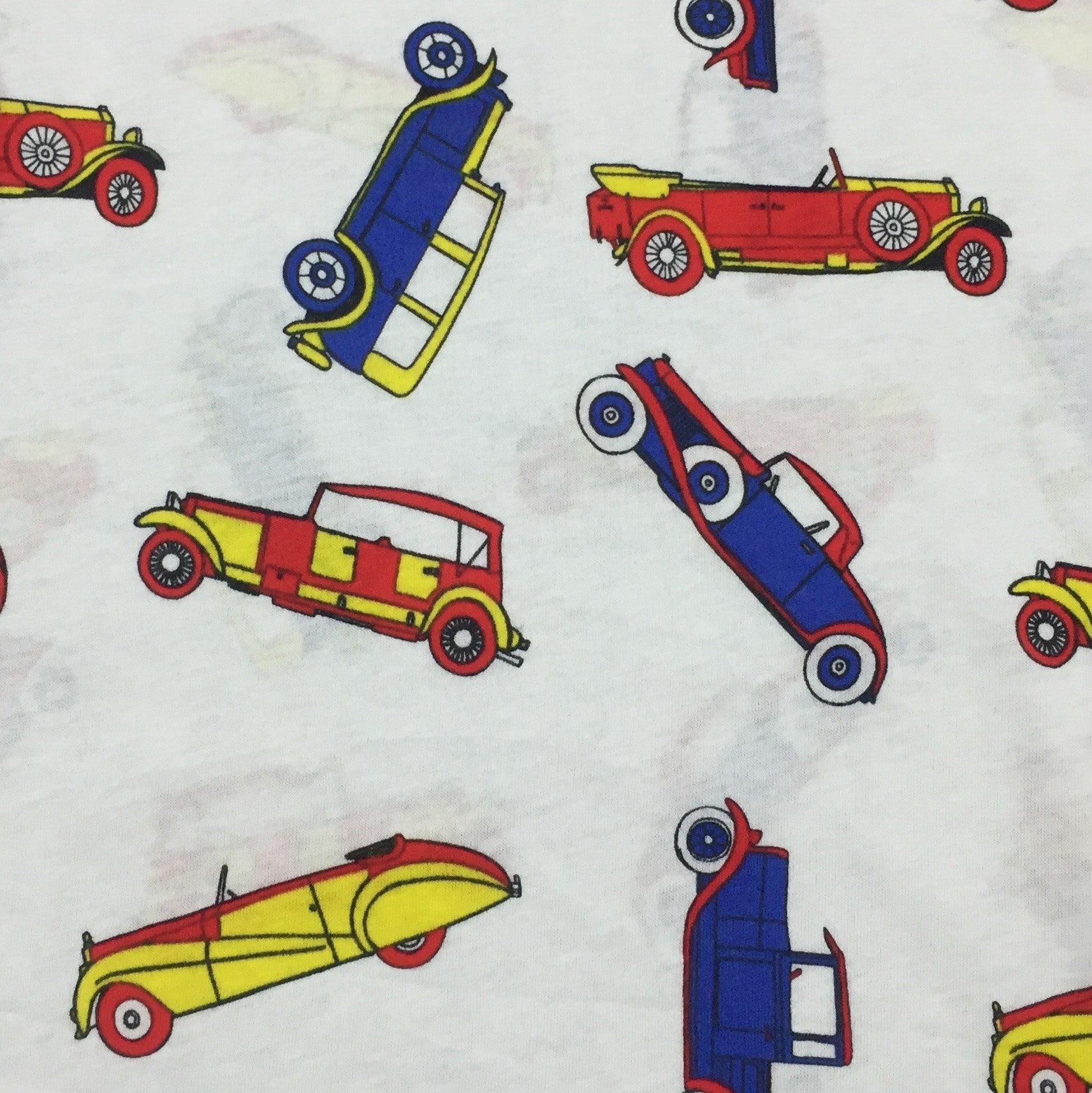 Vintage Cars on White Cotton Jersey