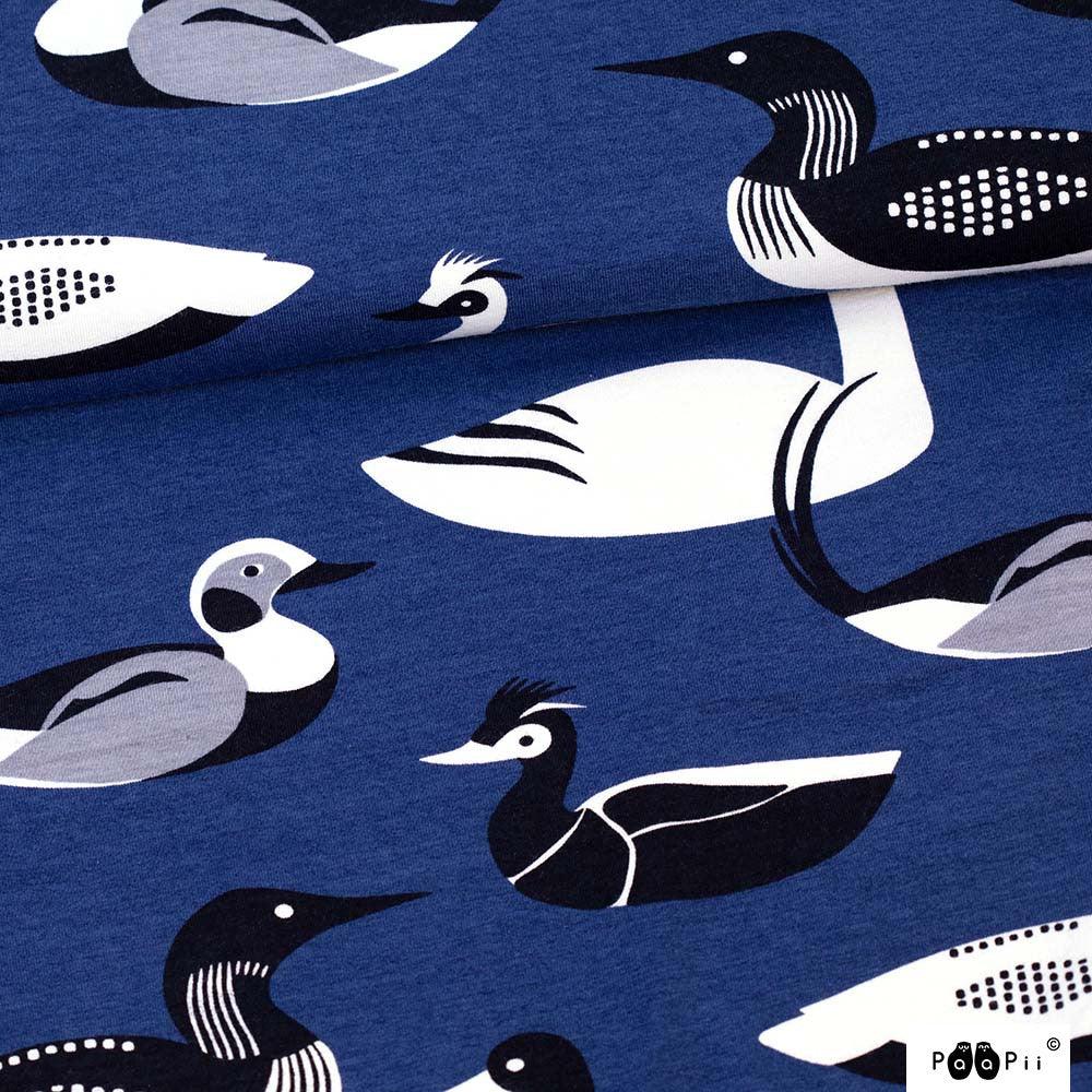 Waterbirds on Blueberry Organic Cotton/Spandex Jersey Fabric - Nature's Fabrics