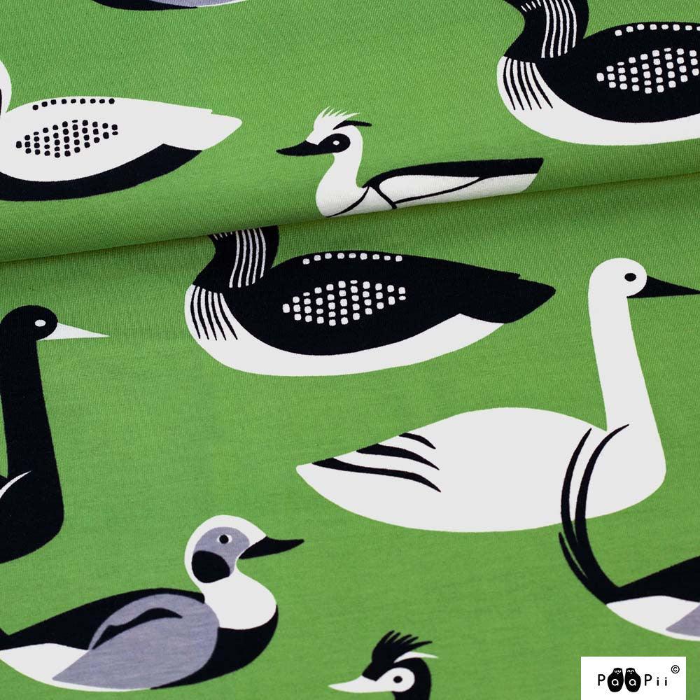 Waterbirds on Forest Organic Cotton/Spandex Jersey Fabric - Nature's Fabrics