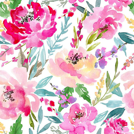 Watercolor Peonies on Bamboo/Spandex Jersey Fabric - Nature's Fabrics