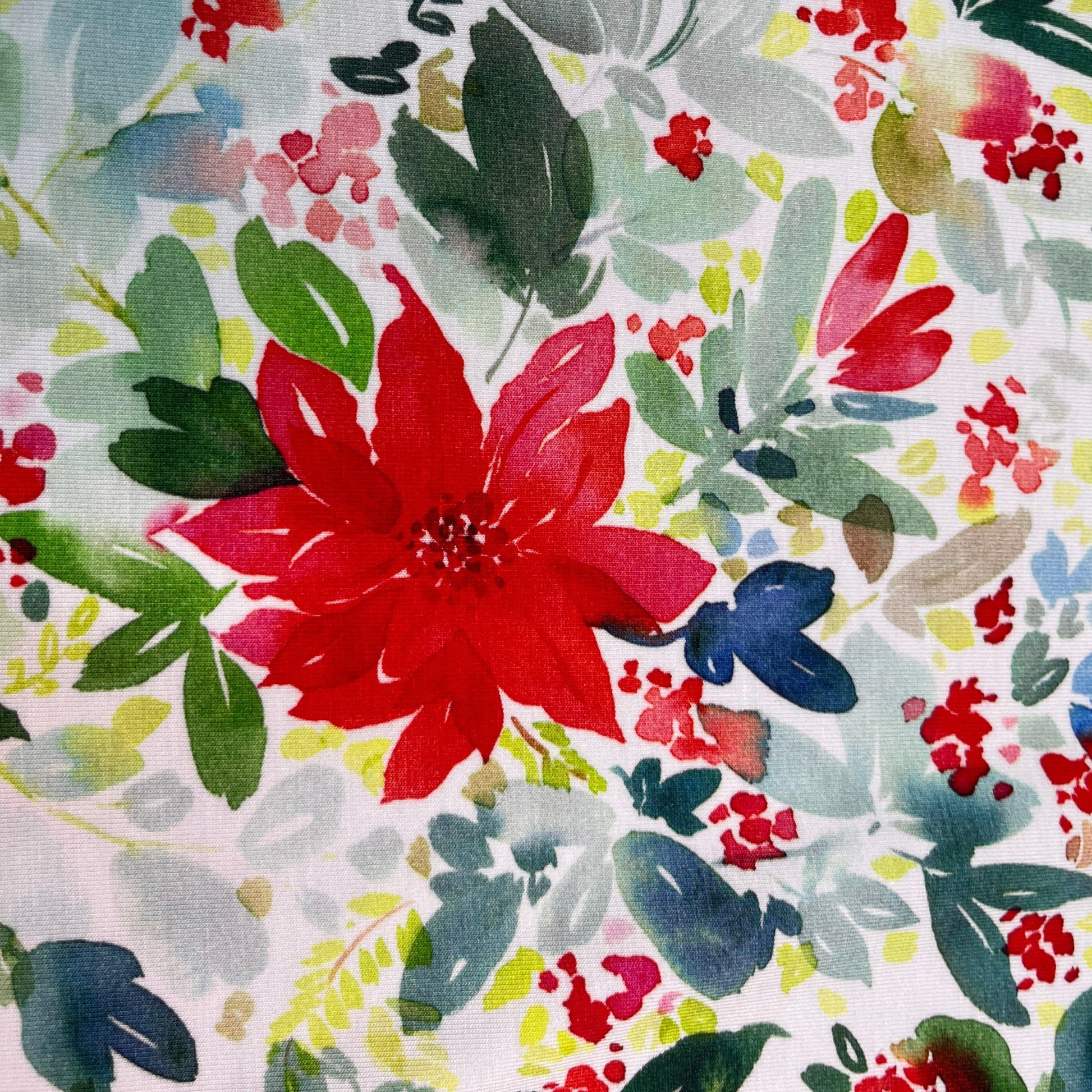 Watercolor Poinsettias on Bamboo/Spandex Jersey Fabric - Nature's Fabrics