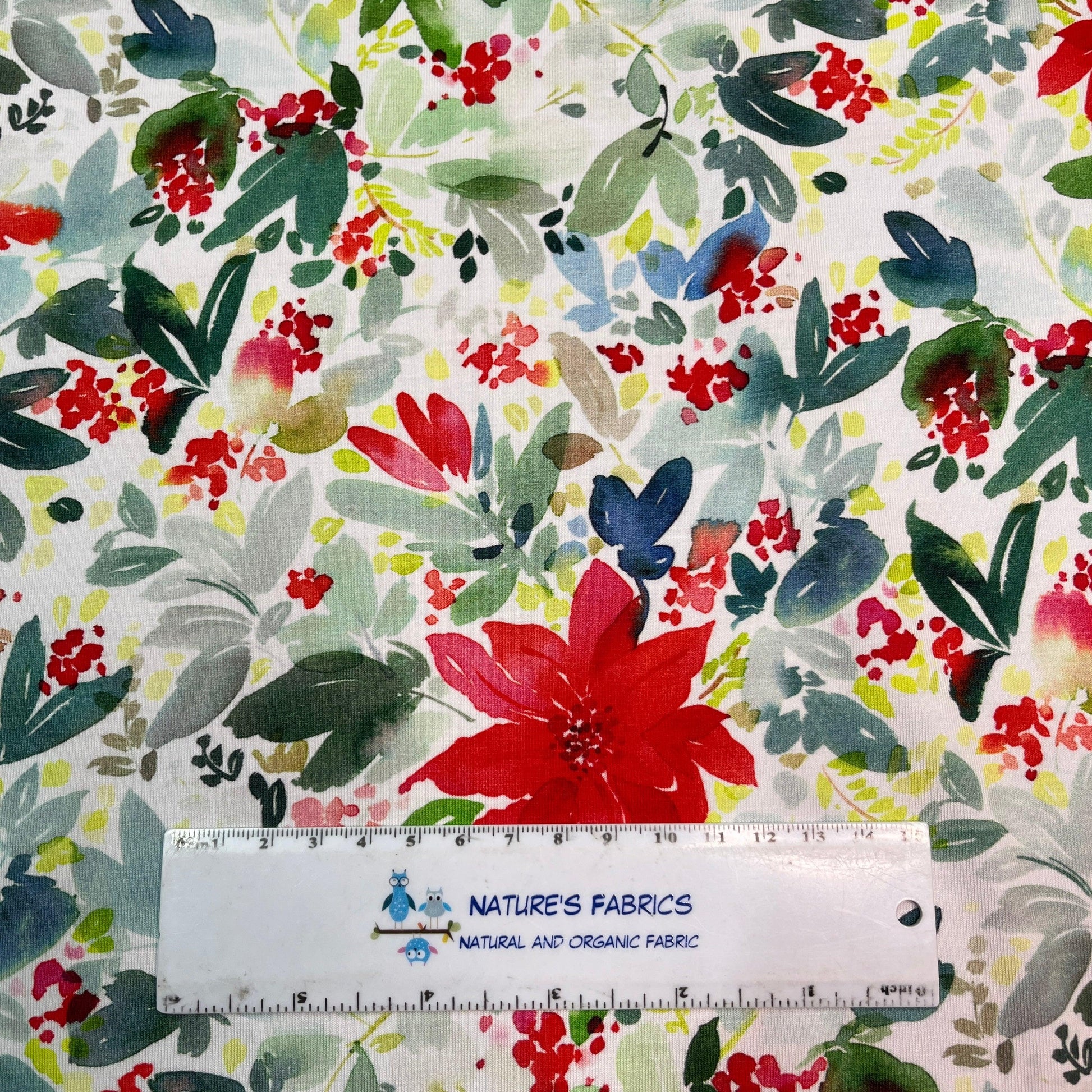 Watercolor Poinsettias on Bamboo/Spandex Jersey by Natures Fabrics
