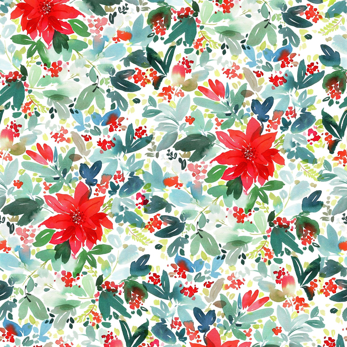 Watercolor Poinsettias on Bamboo/Spandex Jersey Fabric - Nature's Fabrics
