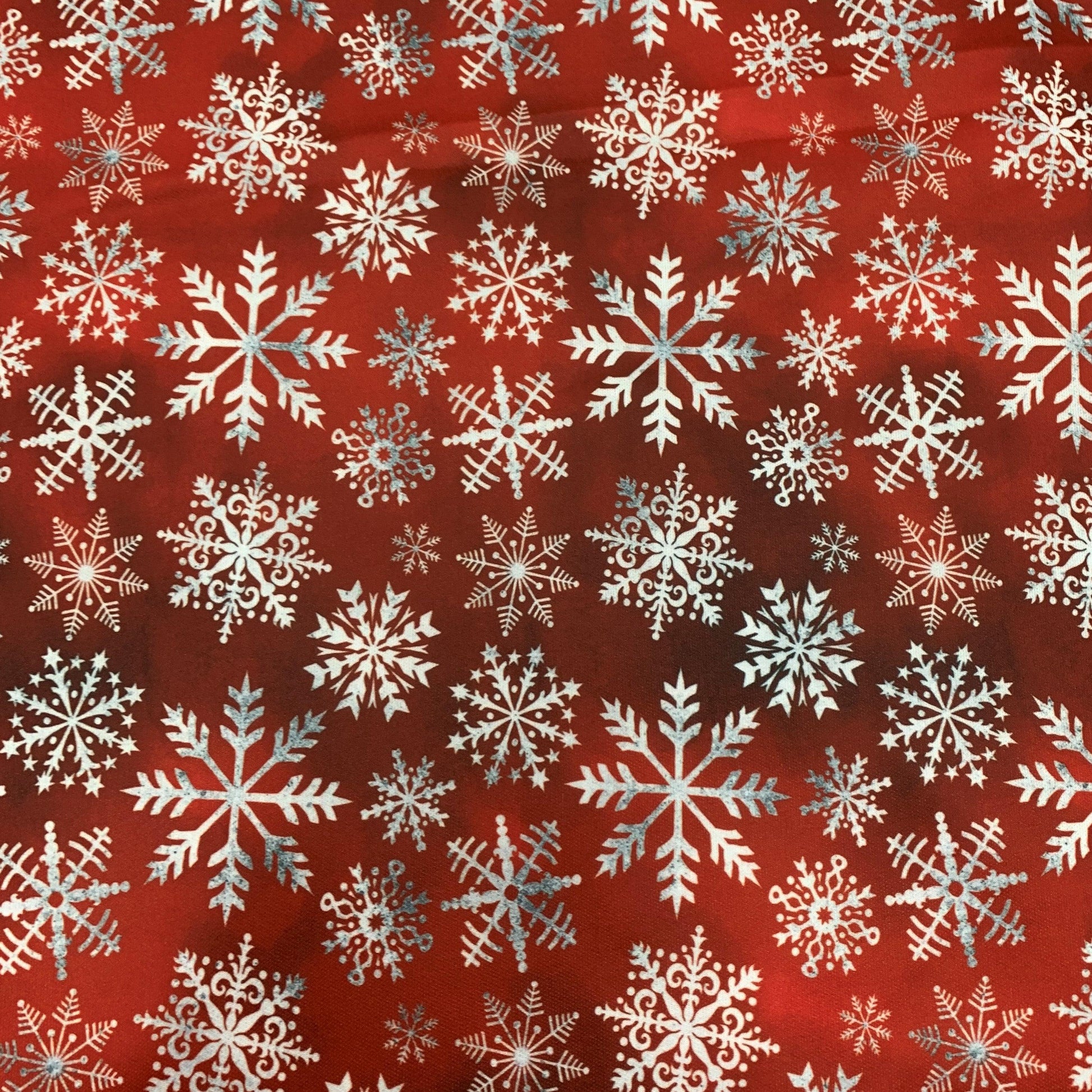 White Snowflakes on Dark Red Bamboo/Spandex Jersey Fabric - Nature's Fabrics