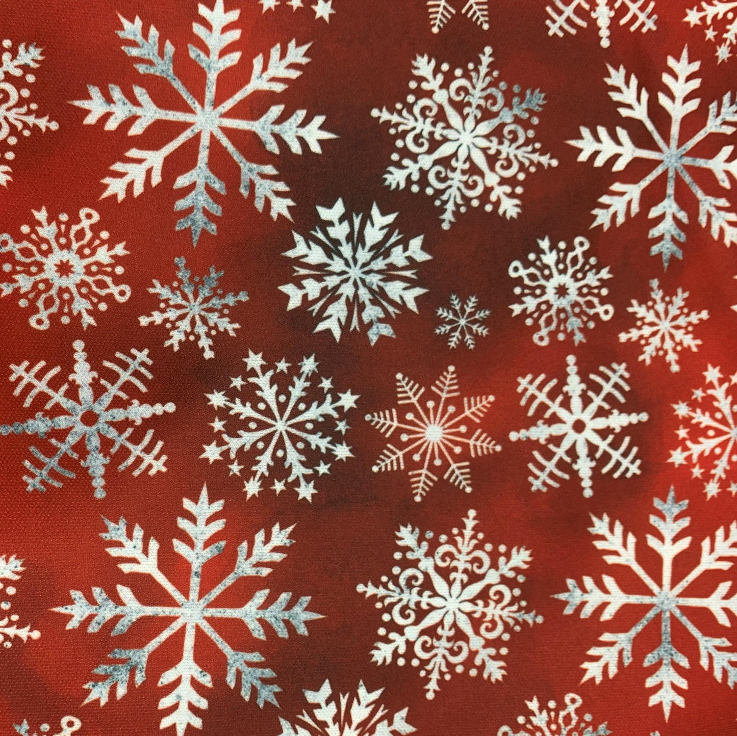 White Snowflakes on Dark Red Bamboo/Spandex Jersey Fabric - Nature's Fabrics