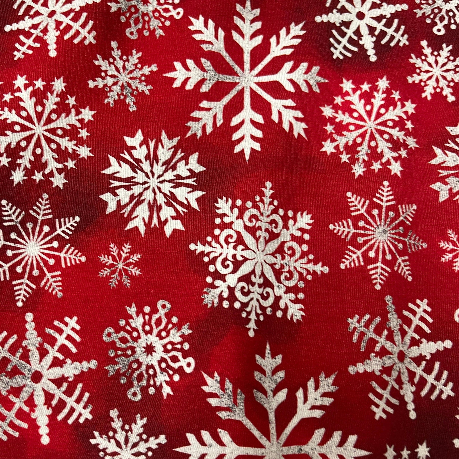 White Snowflakes on Dark Red Bamboo/Spandex Jersey Fabric - Nature's Fabrics