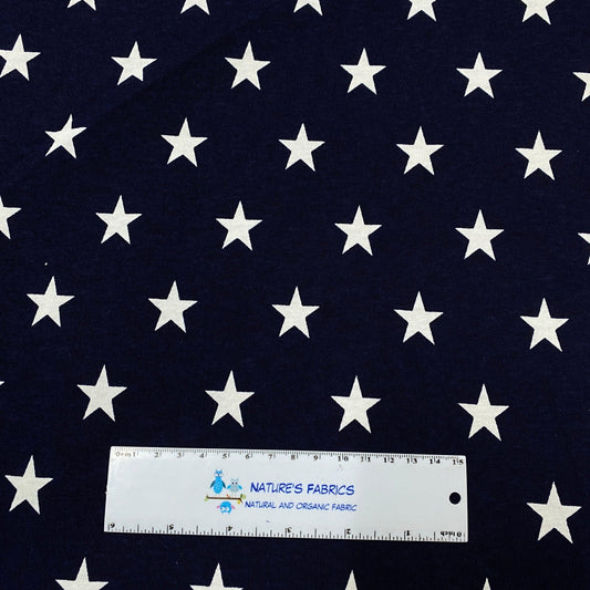 White Stars on Navy Cotton Jersey Fabric - Nature's Fabrics
