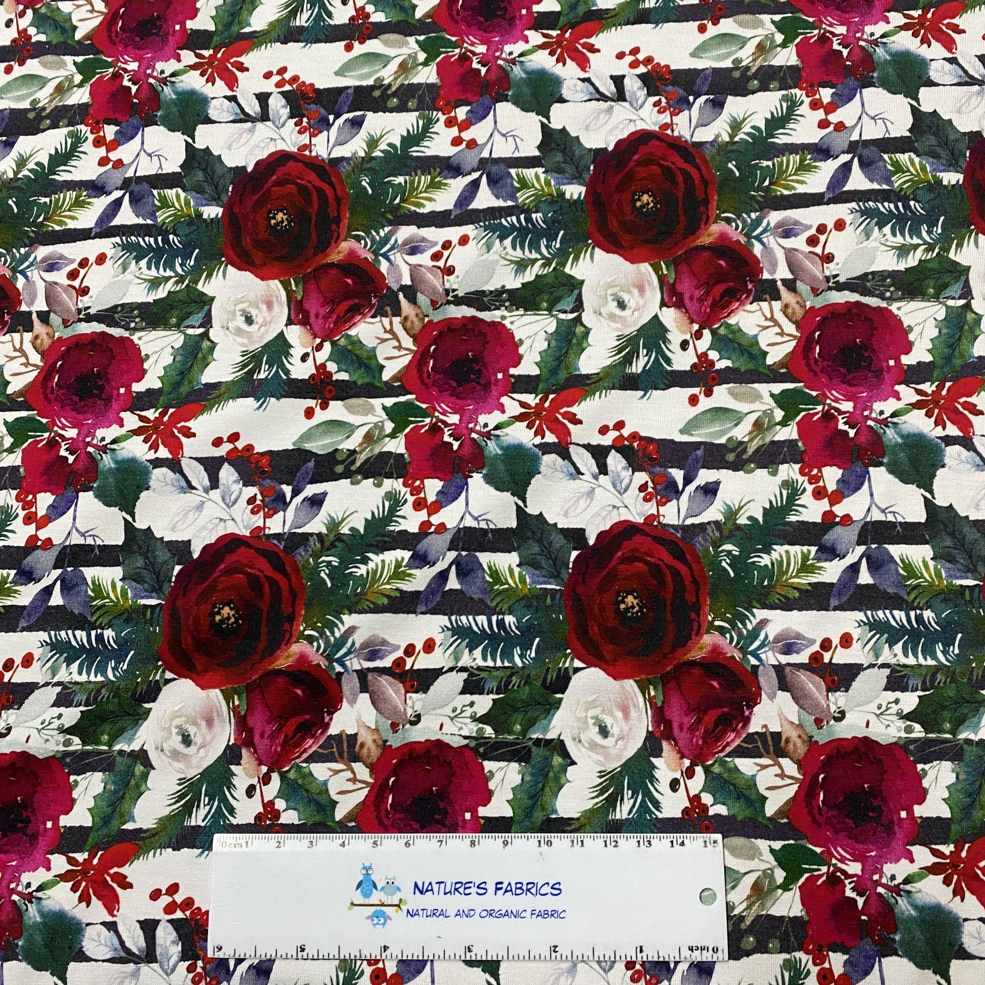 Winter Roses on Striped Bamboo/Spandex Jersey - Nature's Fabrics